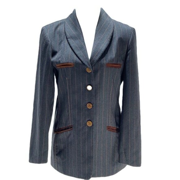Vtg Time Collection Pinstripe Wool Blend Blazer W/ Leather Trim Pockets - Picture 6 of 11